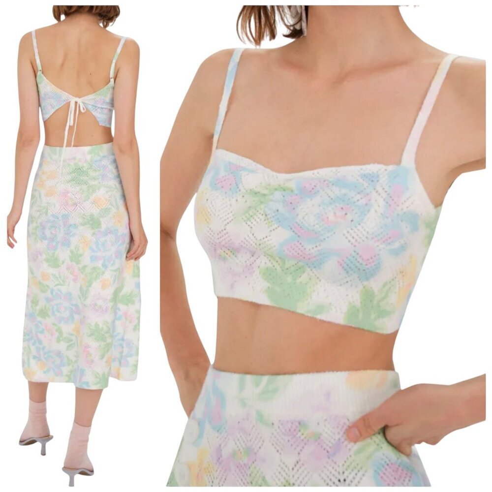 For Love & Lemons Reese Floral Knit Crop Top Tie Back M NWT